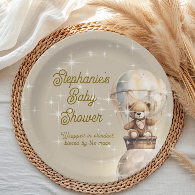 Über Moon Teddy Bear Gender Neutral Baby Dusche Pappteller (Over the Moon teddy bear and hot air balloon baby shower paper plate)