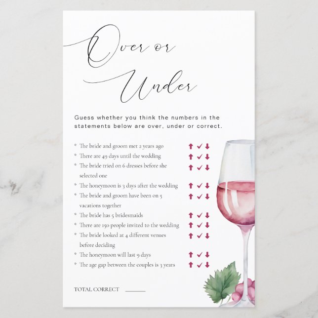 Über oder unter Vino vor Vows Brautparty Game (Vorderseite)