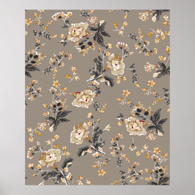 Überall auf Blume Muster auf brauner Hintergrundbl Poster (Vorne)