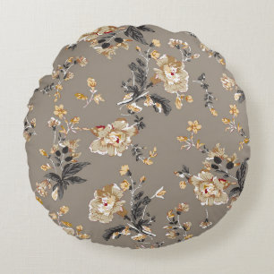 Überall auf Blume Muster auf brauner Hintergrundbl Rundes Kissen