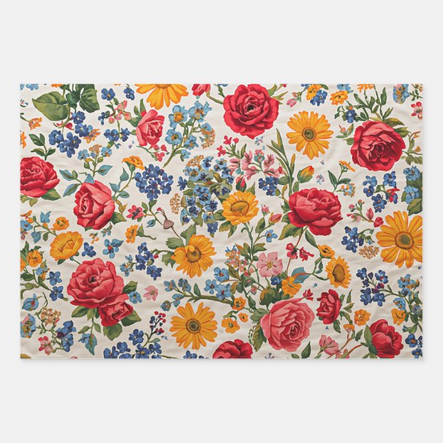 Überall Blumen, farbenfrohes Design, Geschenkpapier Set (Vorderseite)