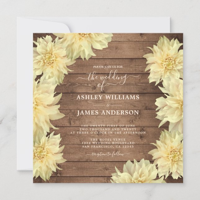 Überall Yellow Dahlia Blume Rustic Wood Wedding Einladung (Vorderseite)