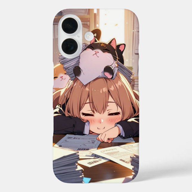 Überarbeitete Office-Katze iPhone 16 Hülle (Rückseite)