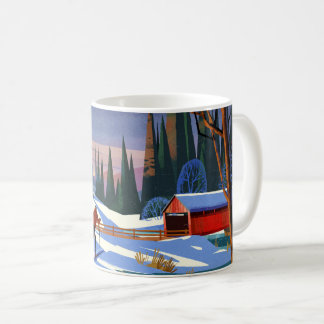 Überdachte Brücke im Winter mit Skifahrer Kaffeetasse