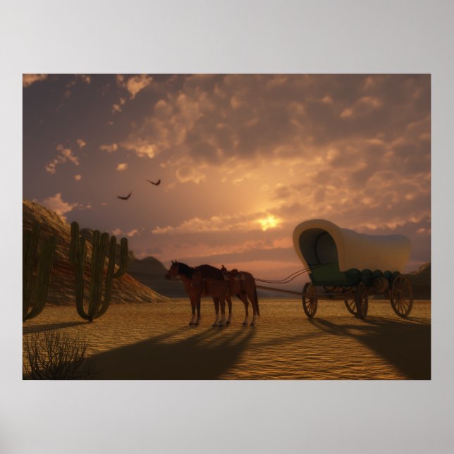 Überdachter Wagen bei Sonnenuntergang - Großer Dru Poster (Vorne)