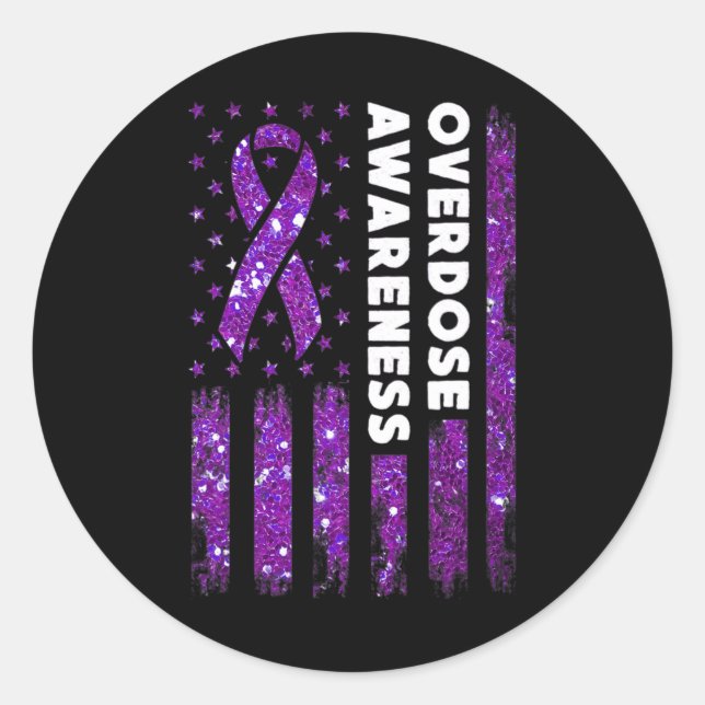 Überdosierung: Warnflagge Pruple Ribbon-Abhängigke Runder Aufkleber (Vorderseite)
