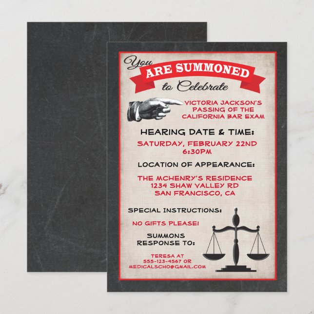 Übergab die Einladungen der Bar Exam Law School (Vorne/Hinten)