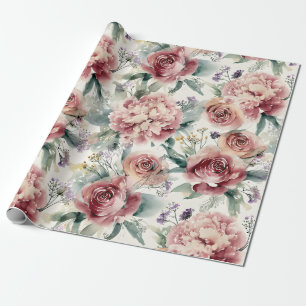 Übergroßer botanischer Druck rosa Rosen Pfingstros Geschenkpapier