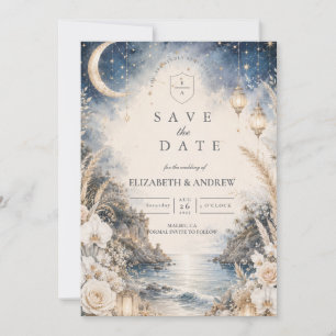 Überirdische himmlische Strandhochzeit Save The Date