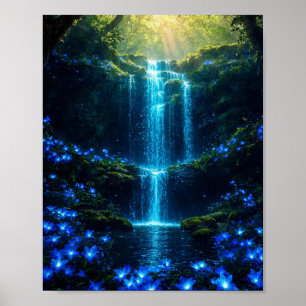 Überirdischer blauer Wasserfall: Magische Wald-Oas Poster