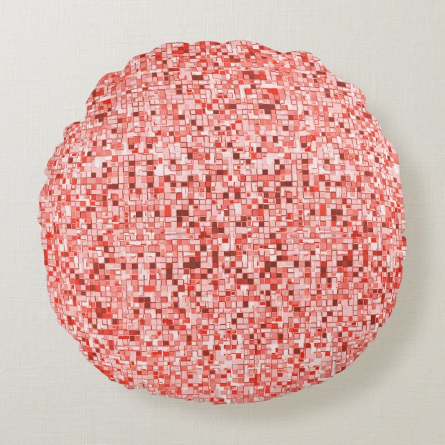 Überlappen kleiner Quadrate, Rot- oder Korallenfar Rundes Kissen (Vorderseite)