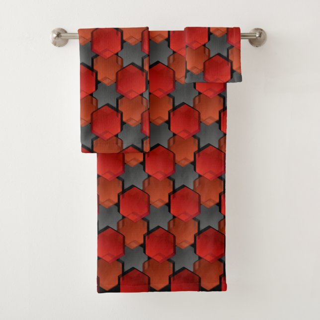 Überlappen roter Sechsecke und "grauer Stern" Badhandtuch Set (Insitu)