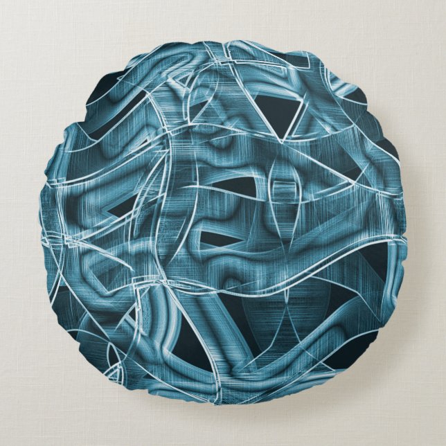 Überlappende Kurven in Bandform, blaues Neonrelief Rundes Kissen (Vorderseite)