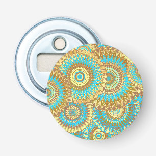 Überlappende Mandala Blau Braun Gold Flaschenöffner