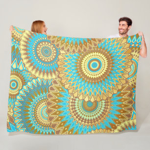 Überlappende Mandala Blau Braun Gold Fleecedecke