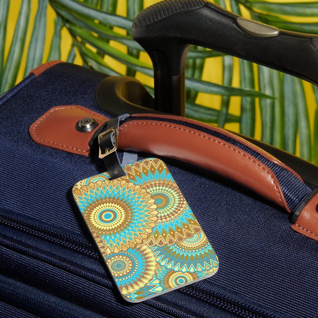Überlappende Mandala Blau Braun Gold Gepäckanhänger (Vorderseite Insitu 1)