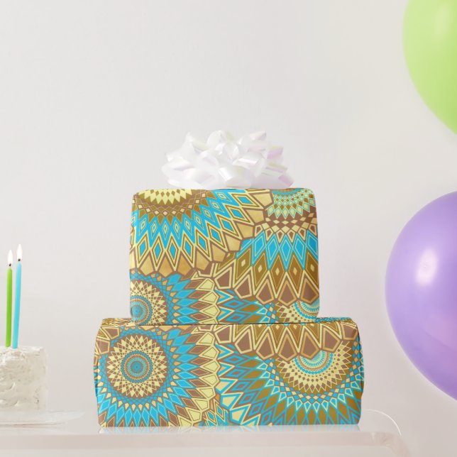 Überlappende Mandala Blau Braun Gold Geschenkpapier (Partygeschenke)