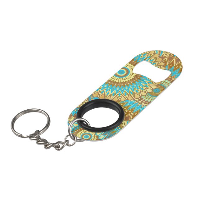 Überlappende Mandala Blau Braun Gold Mini Flaschenöffner (Vorderseite Schrägansicht)