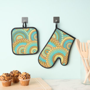 Überlappende Mandala Blau Braun Gold Ofenhandschuh & Topflappen-Set