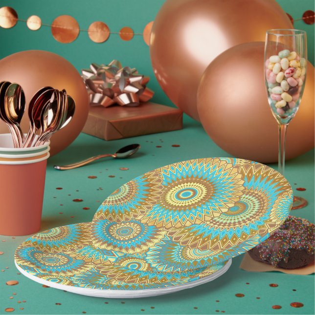 Überlappende Mandala Blau Braun Gold Pappteller (Multi)