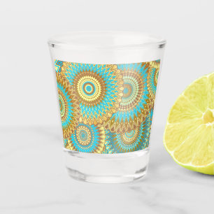 Überlappende Mandala Blau Braun Gold Schnapsglas