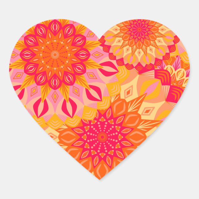 Überlappende Mandala Orange Pink Gelb Herz-Aufkleber (Vorderseite)