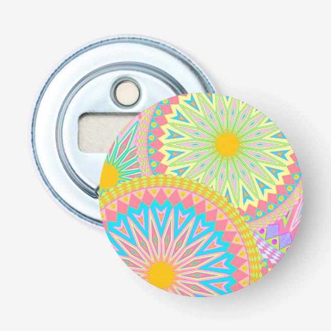 Überlappende Mandala Pink Blau Gelb Mint Lila Flaschenöffner (Vorderseite)
