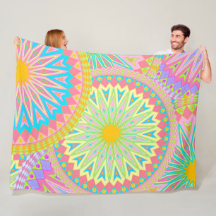 Überlappende Mandala Pink Blau Gelb Mint Lila Fleecedecke