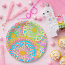 Überlappende Mandala Pink Blau Gelb Mint Violett Pappteller