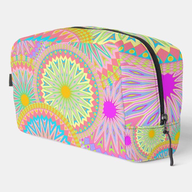 Überlappende Mandala Pink Blau Gelb Mint Violett Waschbeutel (Rechte Ecke)