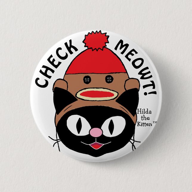 ÜBERPRÜFE MIAU! Schwarze Cartoon-Katze mit Sockena Button (Vorderseite)