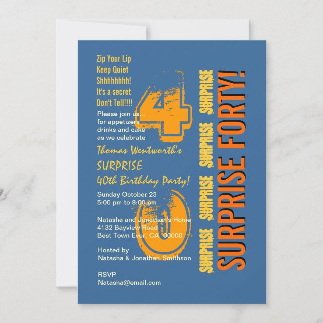 ÜBERRASCHENDE 40. Modern Birthday Blue Gold Orange Einladung (Vorderseite)