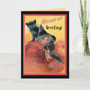 Überraschende Hexe und schwarze Katze Karte