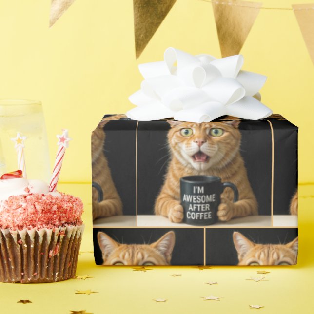 Überraschende Orangenkatze mit einem lustigen Blac Geschenkpapier (Geburtstagsparty)