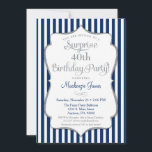 Überraschende Party Einladung Navy Blue Silver Ele<br><div class="desc">Eine elegante Überraschung Geburtstagsfeier in Blau und Silber mit marineblau-weiß Streifen und silberfarbenem Glitzer. Der Glitzer Text-Rahmen auf dieser klassischen Geburtstagsparty lädt mit einem Schatten zu einem erhöhten Aussehen ein. Dieses blaue und goldene Überraschungs-Party lädt Sie ein, diesen besonderen Geburtstagstern in Ihrem Leben zu gefallen. Perfekt für Meilenstein Geburtstage wie...</div>
