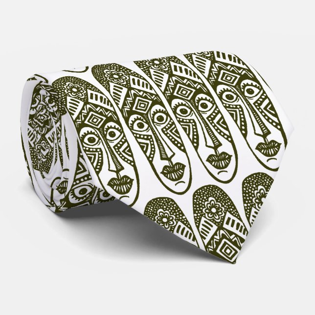 Überraschende Tiki-Masken - Dp Olive on White Krawatte (Gerollt)