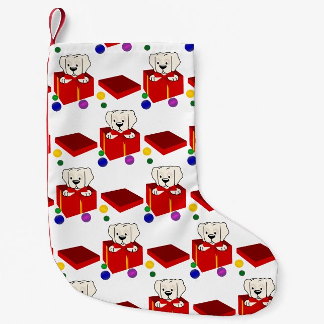 Überraschende Welpe in einer roten Geschenkboxen Kleiner Weihnachtsstrumpf (Vorderseite)