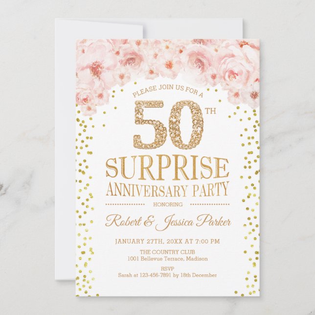 Überraschendes 50-jähriges Party - Weißes Gold Einladung (Vorderseite)