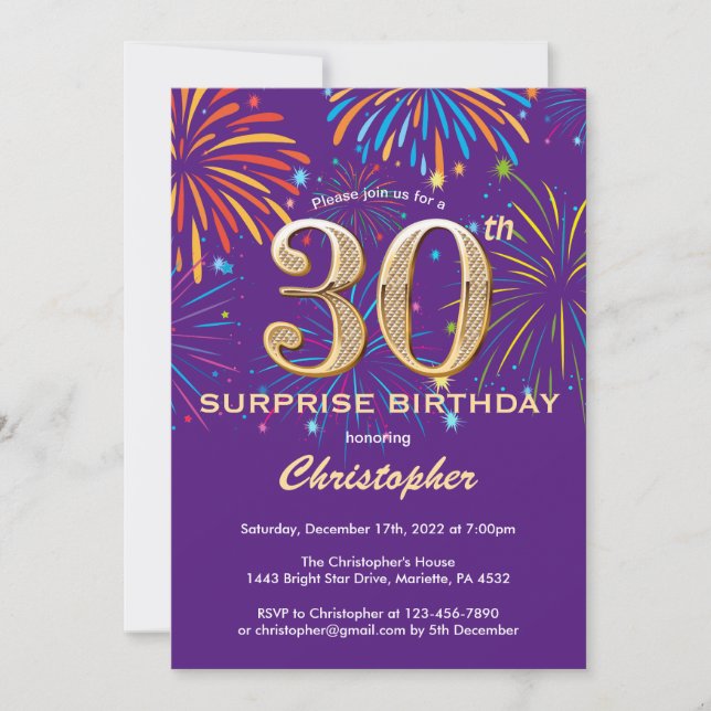 Überraschendes Lila und goldenes Feuerwerk zum 30. Einladung (Vorderseite)