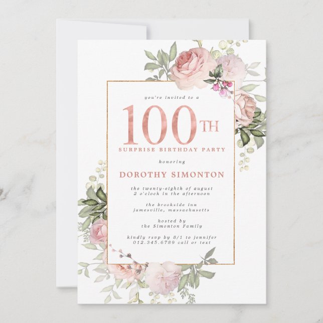 ÜBERRASCHENDES PARTY Pink Gold Floral 100. Geburts Einladung (Vorderseite)