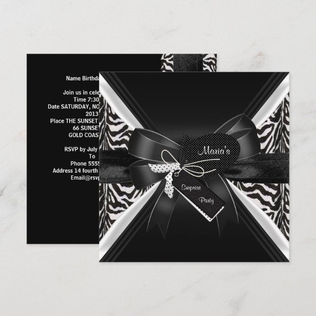 Überraschendes Party Zebra Schwarz-weiß Bow Einladung (Vorne/Hinten)