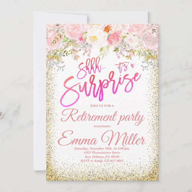 Überraschendes Rosa und Gold-Renten-Party Einladung (Vorderseite)