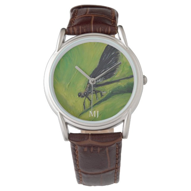 Überraschte Damselfliege, Drache Fly Art Green Bla Armbanduhr (Vorderseite)