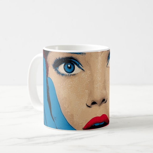 Überraschte Frau in Pop-Art Kaffeetasse (Vorderseite Links)