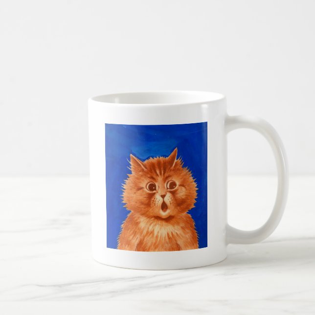 Überraschte orange Katze durch Louis Wain Kaffeetasse (Rechts)