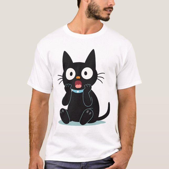 Überraschte schwarze Cartoon-Katze T-Shirt (Vorderseite)
