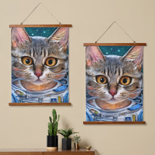 Überraschte Weltraumkatze Wandteppich Mit Holzrahmen