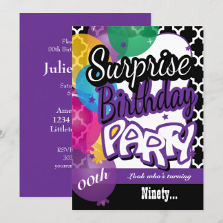 Überraschung 00. Geburtstag mit Balloons in Lila Einladung