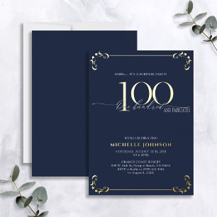 Überraschung 100 & Fabulous Blue & Gold Geburtstag Folieneinladung