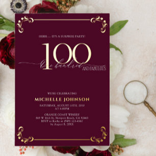 Überraschung 100 & Fabulous Burgundy & Gold Geburt Folieneinladung